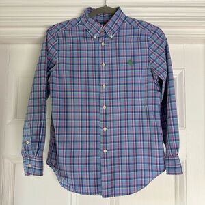 Ralph Lauren Boy's Blue Green Plaid Cotton Long Sleeve Shirt Medium 10-12